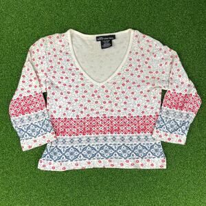 Vintage Y2K No Boundaries 1/2 Sleeve Red & Blue Floral V Neck Baby T Sz M